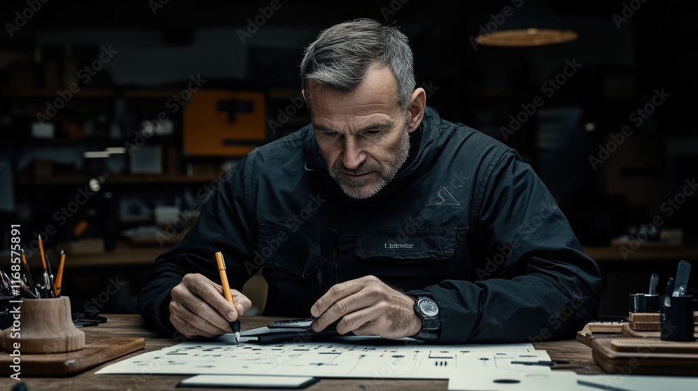 Focused mature man sketching design plans at his workshop desk. Focused mature man sketching design plans at his workshop desk.
