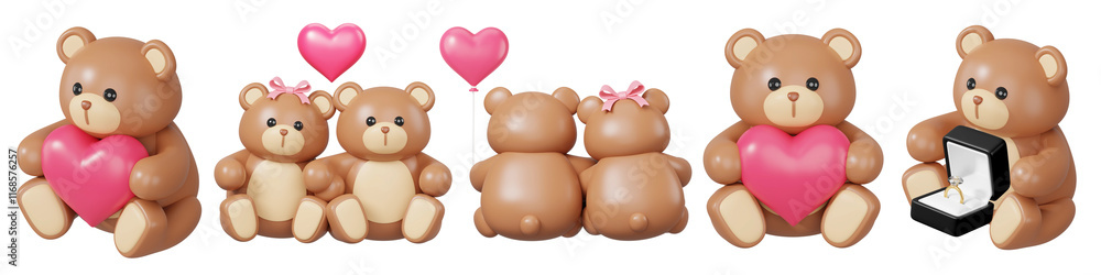 Fototapeta premium PNG Cute teddy bears with hearts, element set on transparent background