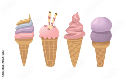 Ice cream cone. Ice cream collection. Gelato. Ice cream element. Dessert food. Food illustration. Realistic food illustration. Blueberry ice cone. Strawberry ice cone. 