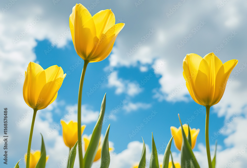 Fototapeta premium Yellow tulips against a blue sky with clouds