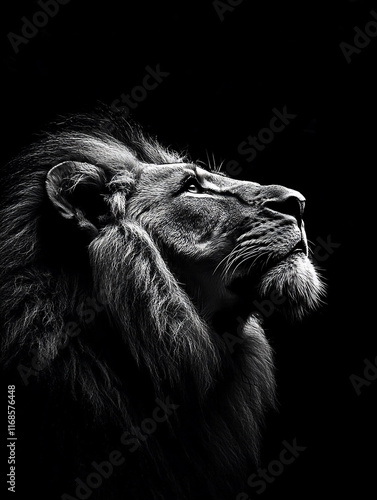 Majestic lion profile in monochrome.