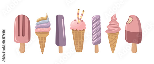 Ice cream element. Set of ice cream. Ice cream with different toping. Ice cream with different flavor.