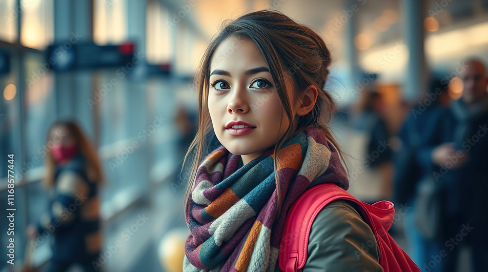 Young woman with colorful backpack on shoulder standing confidently in busy airport, looking forward to her next adventure, air travel, vacation and holiday Young woman with colorful backpack on shoulder standing confidently in busy airport, looking forward to her next adventure, air travel, vacation and holiday