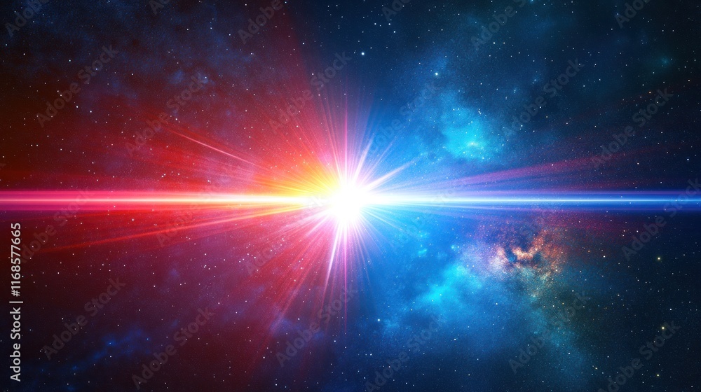 Fototapeta premium Bright cosmic rays clashing in a nebula, creating a vibrant light show in space.
