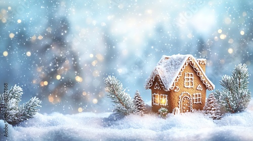 Christmas tree and gingerbread house in the snow