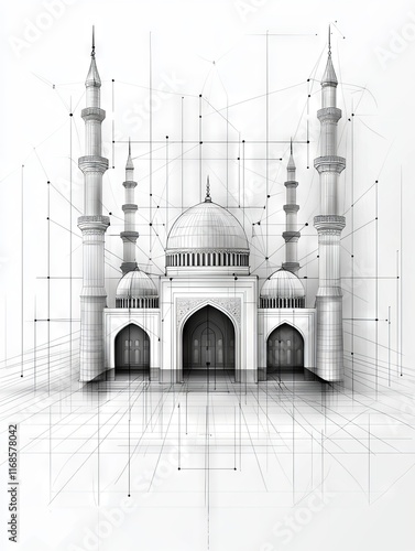 Blue Mosque Architectural Drawing, Illustration with Lines on White Background photo