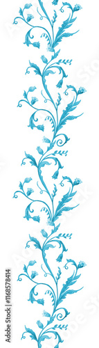 seamless watercolor vertical monochrome blue floral border with bell flowers