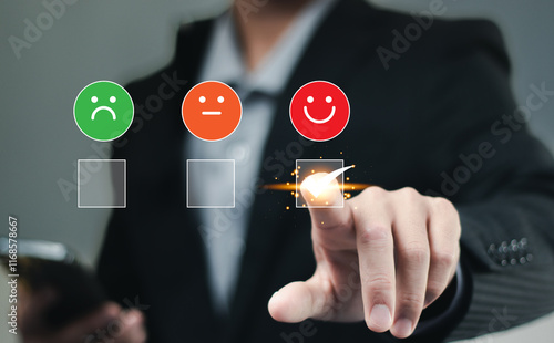 Customer Satisfaction Survey Concept 5star Satisfaction Service Experience Rating Online Application Customer rating very impressed. photo