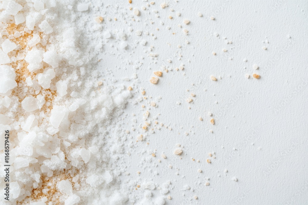 Obraz premium Close-up of coarse and fine salt crystals on white background.