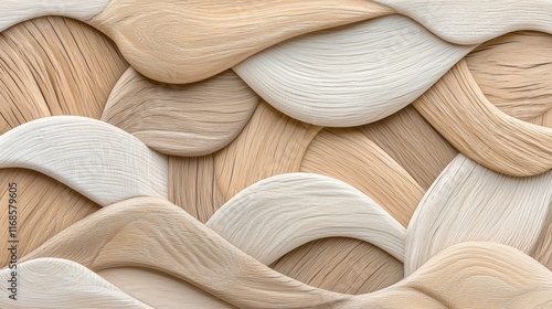 Fototapeta Naklejka Na Ścianę i Meble -  Abstract Beige White Wood Texture Background Natural Wooden Waves 3D Paneling Design