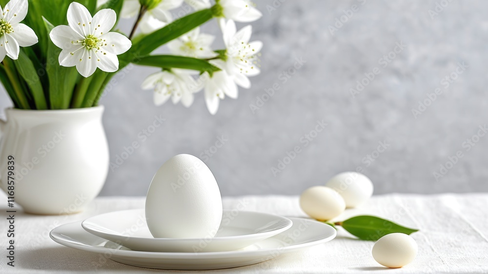 Minimalist spring table setting with white flowers and eggs in soft lighting Minimalist spring table setting with white flowers and eggs in soft lighting