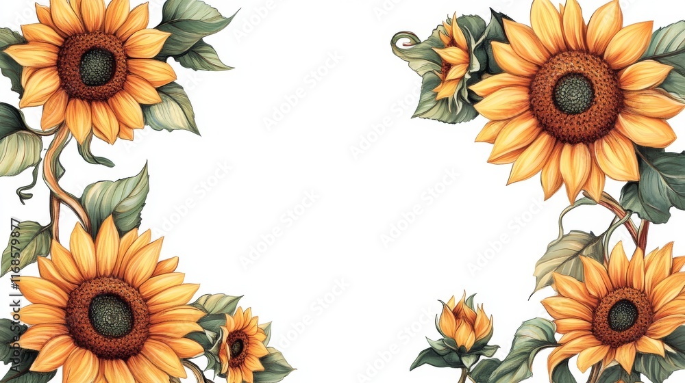 Vibrant Sunflowers Forming a Frame on a White Background.. Vibrant Sunflowers Forming a Frame on a White Background..