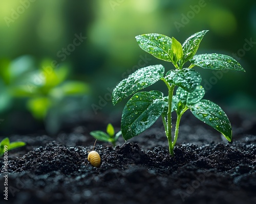 Close up of green sprouting plant growing in fertile dirt with visible damage from pests
