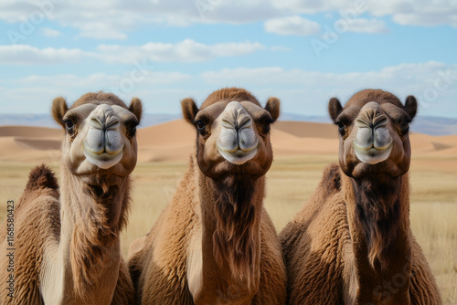 Gobi deert sand dunes with three camels photo