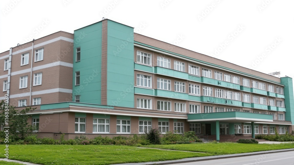 Obraz premium Modern teal and beige building exterior with lawn.