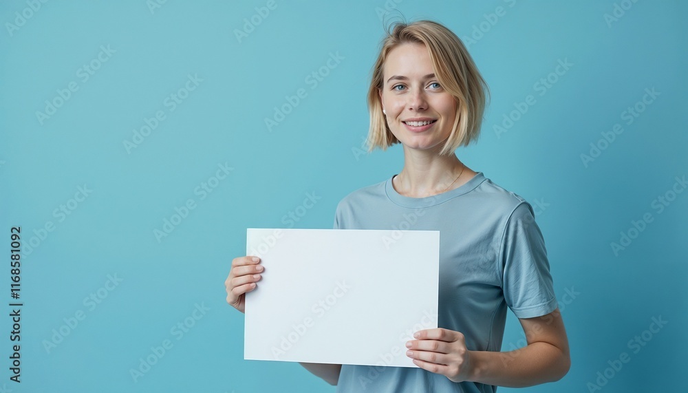 Caucasian woman in blue t-shirt holding blank white board on blue background. Ideal for text template design. Caucasian woman in blue t-shirt holding blank white board on blue background. Ideal for text template design.