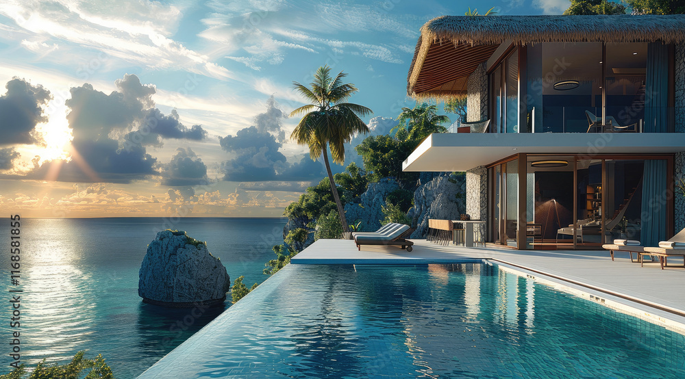 Fototapeta premium An exotic island villa with an infinity pool and ocean view.