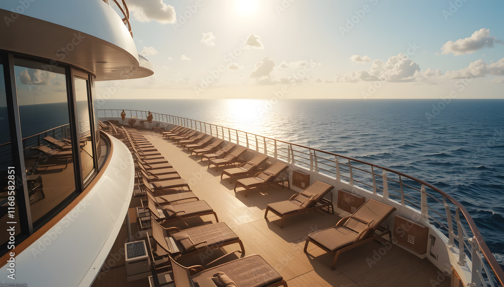 Fototapeta premium expansive and pristine deck of a luxurious cruise ship, with rows of inviting lounge chairs under a radiant, cloudless sky, offers a panoramic view of sparkling ocean, creating a serene and idyllic.