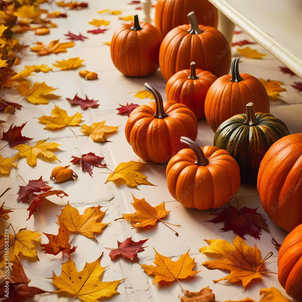 Naklejka premium Fall background with orange pumpkins and fall leaves on a light surface