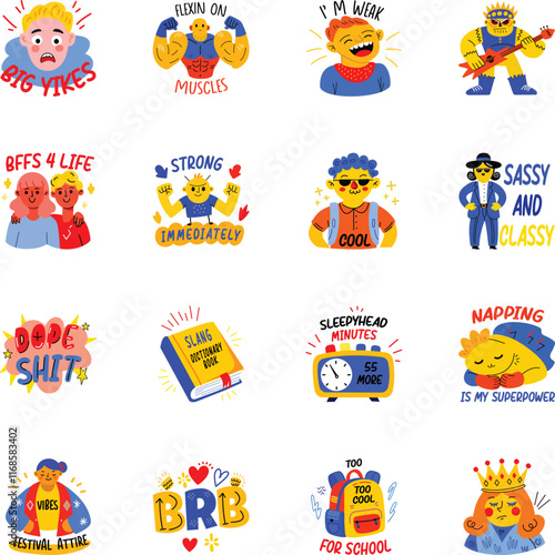 Set of Flat Style Teenage Fashion Stickers 

