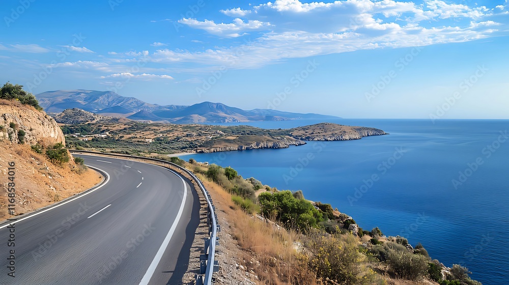 Coastal highway winding along a scenic Mediterranean coastline under a bright blue sky. Coastal highway winding along a scenic Mediterranean coastline under a bright blue sky.