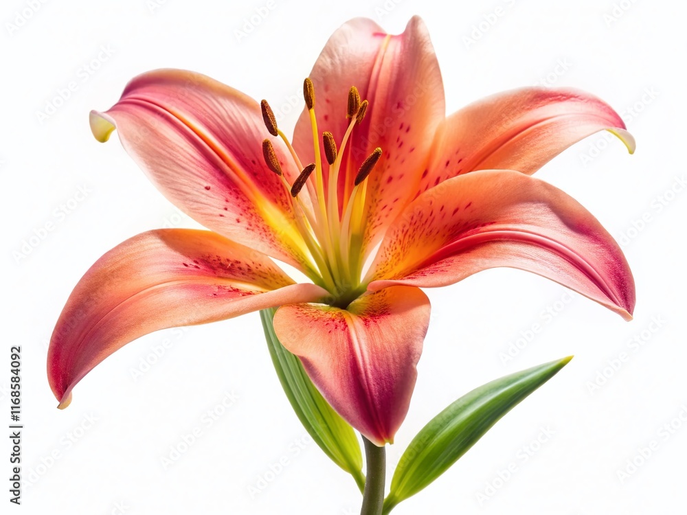 Naklejka premium Elegant Lily Flower Isolated on White, Low Light Photography, Blooming Lily, White Background, Closeup