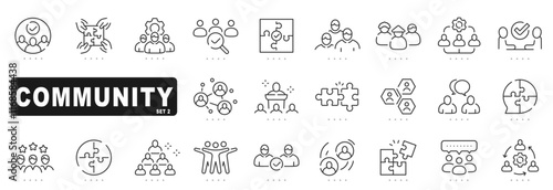 Set of community related line icons. Teamwork, support, group, friend etc. Editable stroke. Set 2