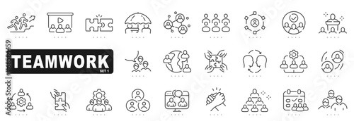 Set of teamwork related line icons. Together, partnership, cooperation etc. Editable stroke.