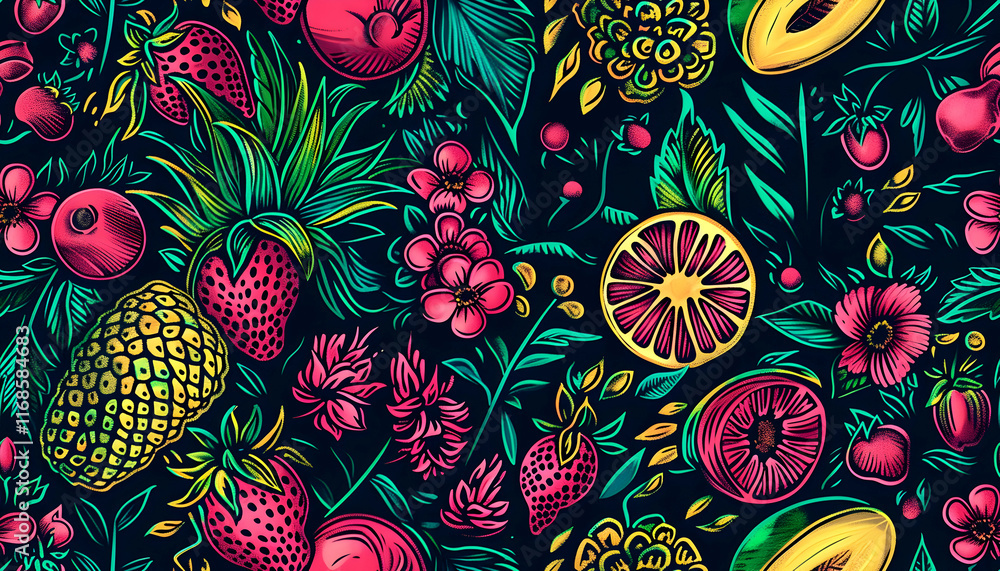 Naklejka premium Vibrant Tropical Fruit and Flower Illustration