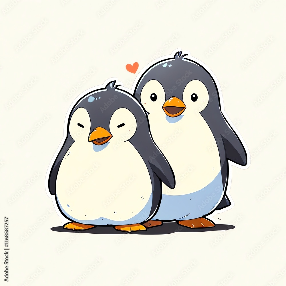 Naklejka premium Adorable Penguin Couple: A Cartoon Illustration of Two Penguins in Love