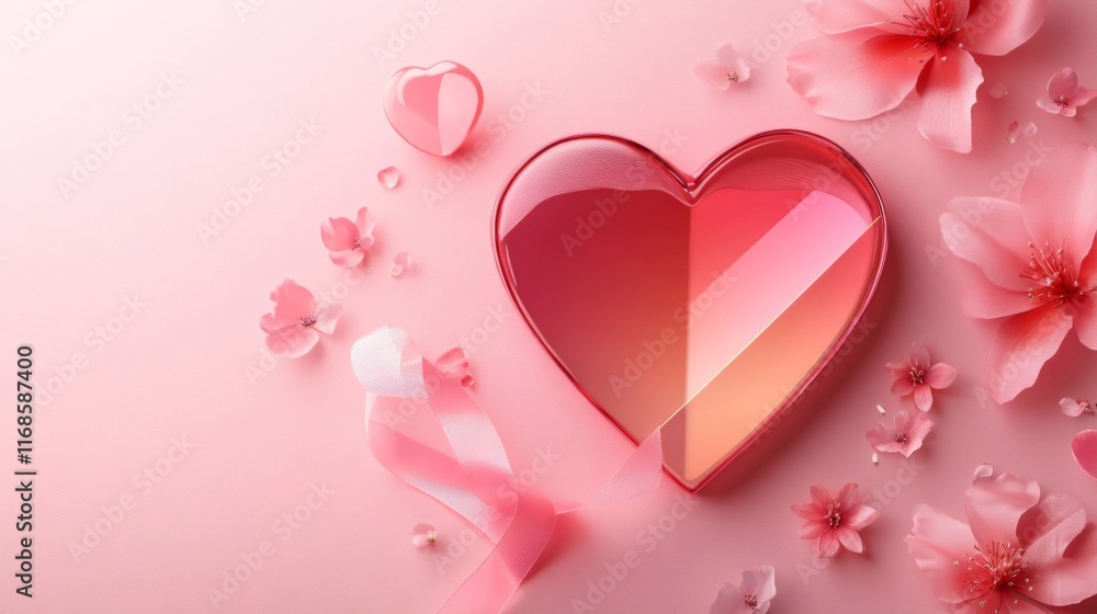 Pink Heart Shaped Box with Delicate Flowers and Ribbon Pink Heart Shaped Box with Delicate Flowers and Ribbon