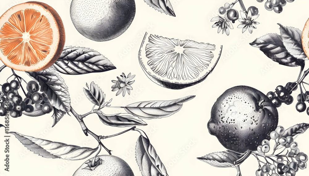 Obraz premium Citrus Fruits Botanical Illustration Seamless Pattern