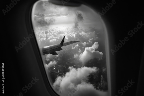 An aircraft wing viewed from a passenger window, soaring above clouds under overcast skies. Captures the feeling of travel, aviation, and airborne adventure. photo