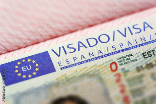 Spanish visa in passport close-up.