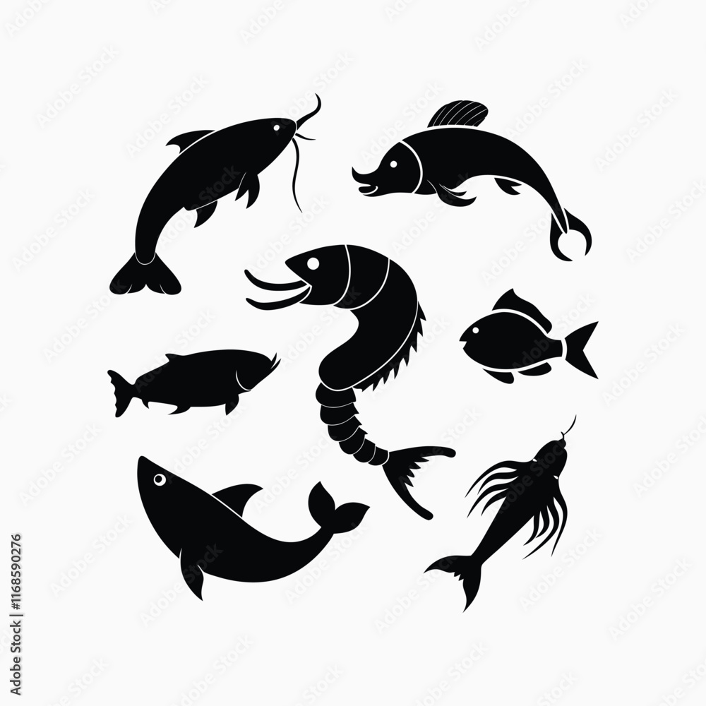 Vector Icons Set: Black Shrimp Fish in Sleek Silhouette Style Vector Icons Set: Black Shrimp Fish in Sleek Silhouette Style
