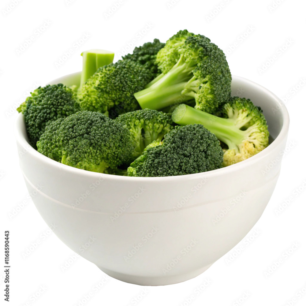 broccoli florets in white ceramic bowl isolated on transparent background Generative Ai. broccoli florets in white ceramic bowl isolated on transparent background Generative Ai.