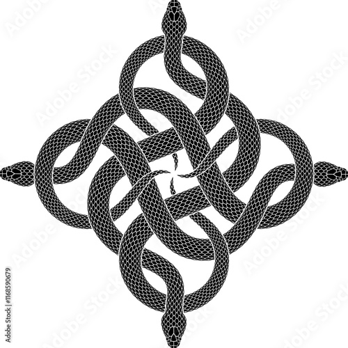 Vector tattoo design of four black snakes knotted in form of cross symbol. Isolated black serpent silhouette in square shape.