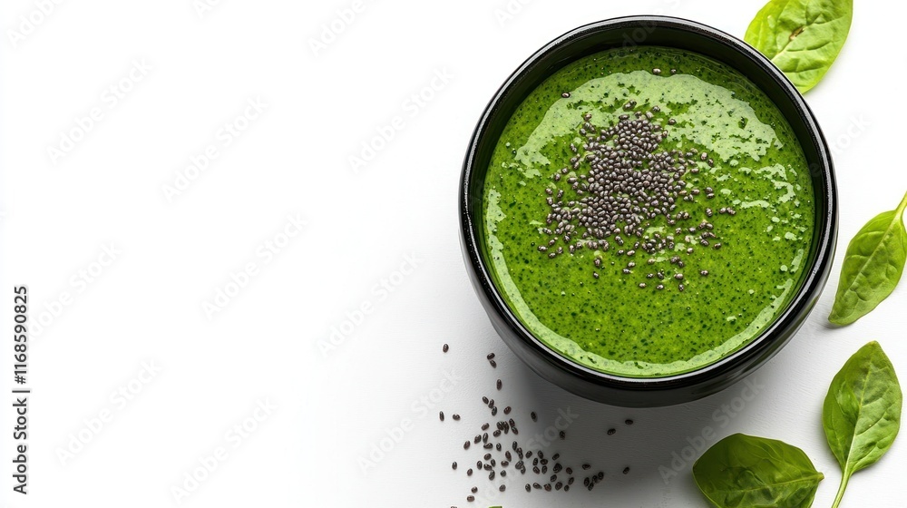 Green smoothie bowl with chia seeds and spinach leaves on white background. Green smoothie bowl with chia seeds and spinach leaves on white background.