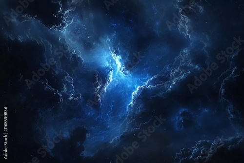 Captivating cosmic clouds illuminated by electric blue light in a dark starry sky