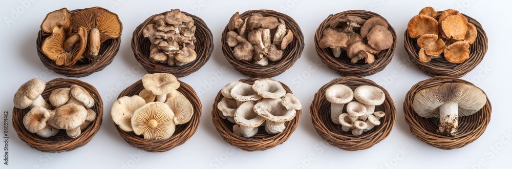 Assorted mushrooms in small wicker baskets on white background. Assorted mushrooms in small wicker baskets on white background.