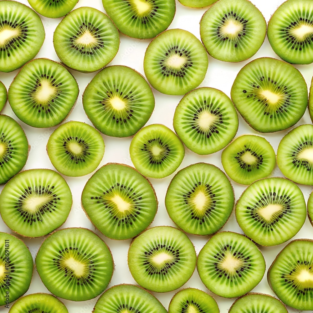 Sliced Kiwis Arranged on White Background A Vibrant Fruit Pattern Sliced Kiwis Arranged on White Background A Vibrant Fruit Pattern