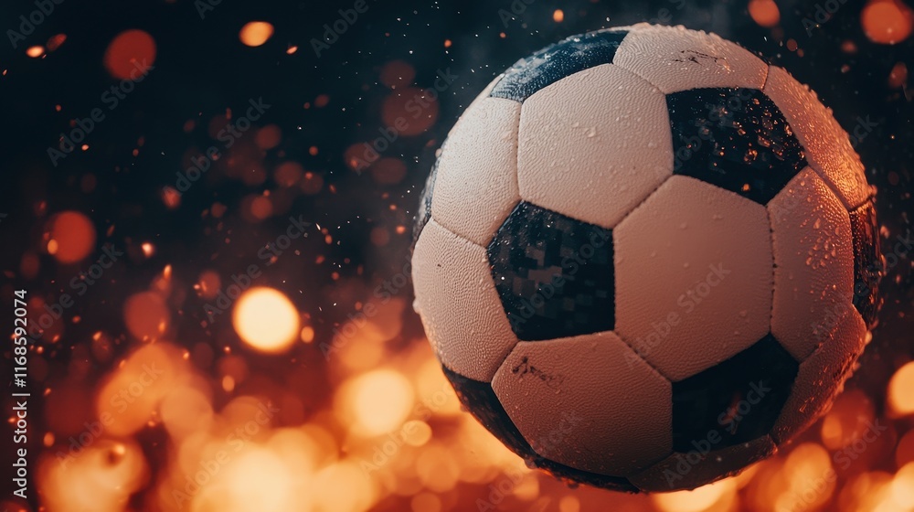 Fototapeta premium A dynamic soccer ball surrounded by sparks, illustrating motion and energy in a vibrant, fiery setting.