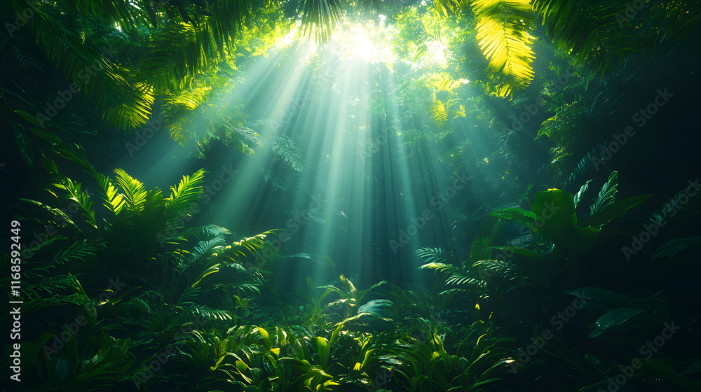 An awe-inspiring photography capturing a dense tropical rainforest with sunlight streaming through the thick canopy, highlighting the lush greenery and exotic flora. An awe-inspiring photography capturing a dense tropical rainforest with sunlight streaming through the thick canopy, highlighting the lush greenery and exotic flora.