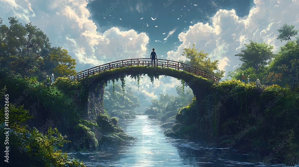 Fototapeta premium A young adult crossing a bridge over a river, representing transition, growth, and the pursuit of life’s deeper meaning