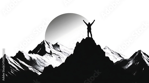 A silhouette of a person standing on top of a mountain peak at dawn, arms raised in triumph, symbolizing achieving one's life goals 