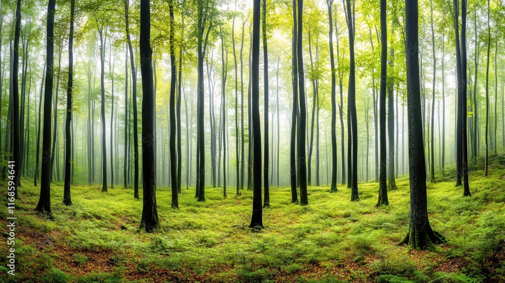 Misty Forest with Tall Trees and Lush Green Underbrush in Soft Natural Light Misty Forest with Tall Trees and Lush Green Underbrush in Soft Natural Light