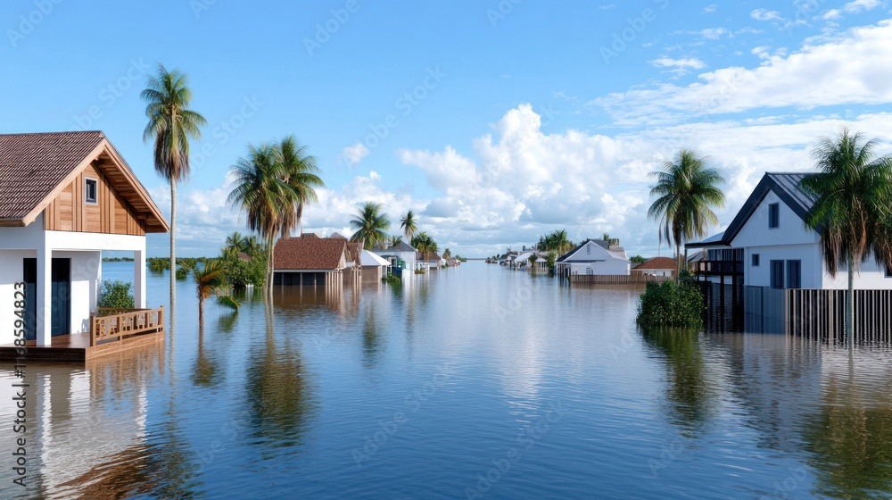 Flooded neighborhood with houses submerged in water and palm trees. Flooded neighborhood with houses submerged in water and palm trees.
