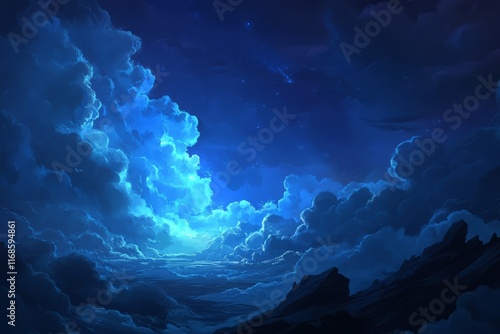 Mystical night sky with glowing clouds and celestial glow over a dark horizon
