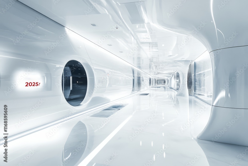 Futuristic White Corridor with Sleek Architecture Design Futuristic White Corridor with Sleek Architecture Design