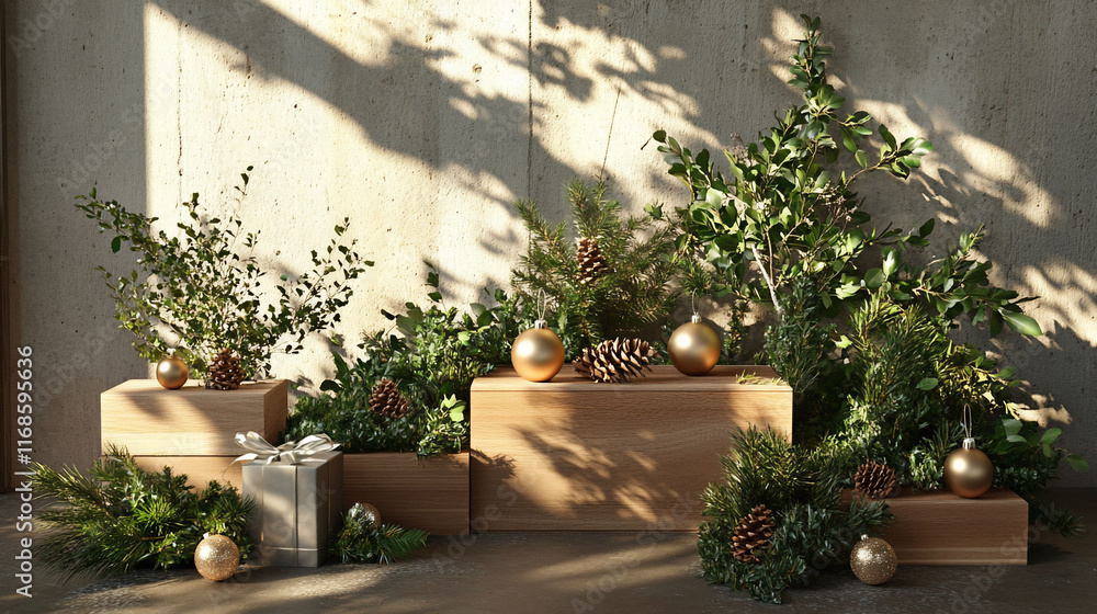 Fototapeta premium Wooden boxes with Christmas decorations and greenery.